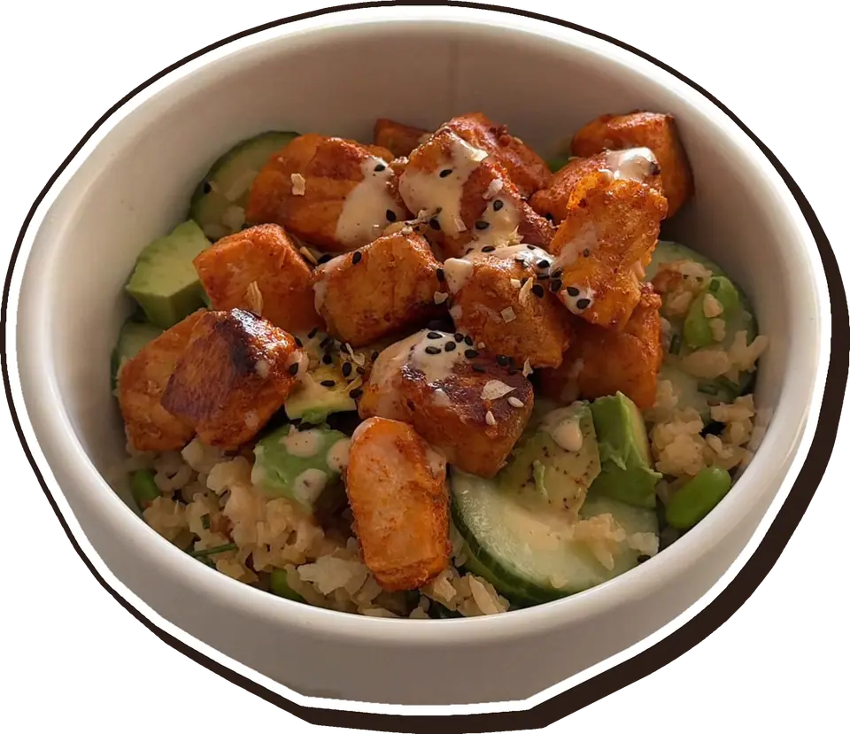 Bowl de salmón con arroz crujiente